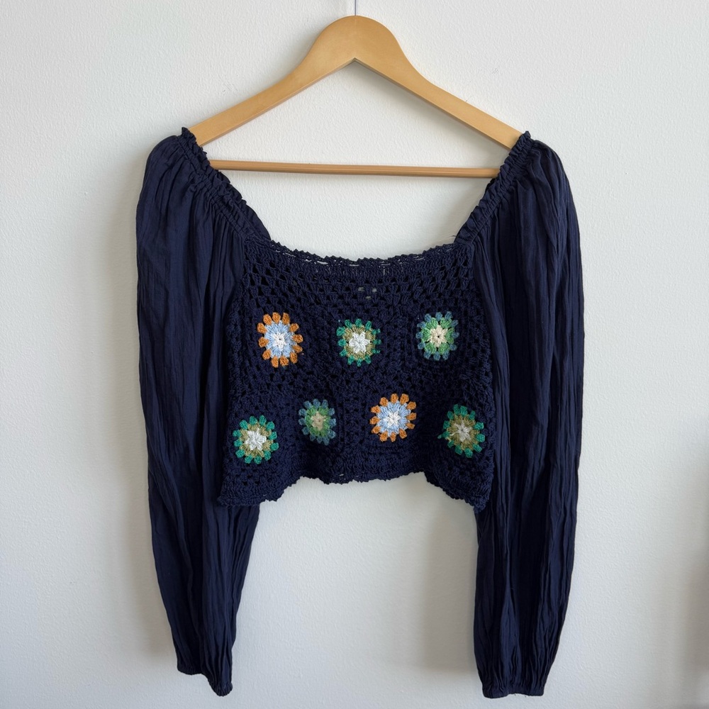 Aerie Floral Crochet Blouse Womens S Puff Sleeve Coastal Vacation Festival